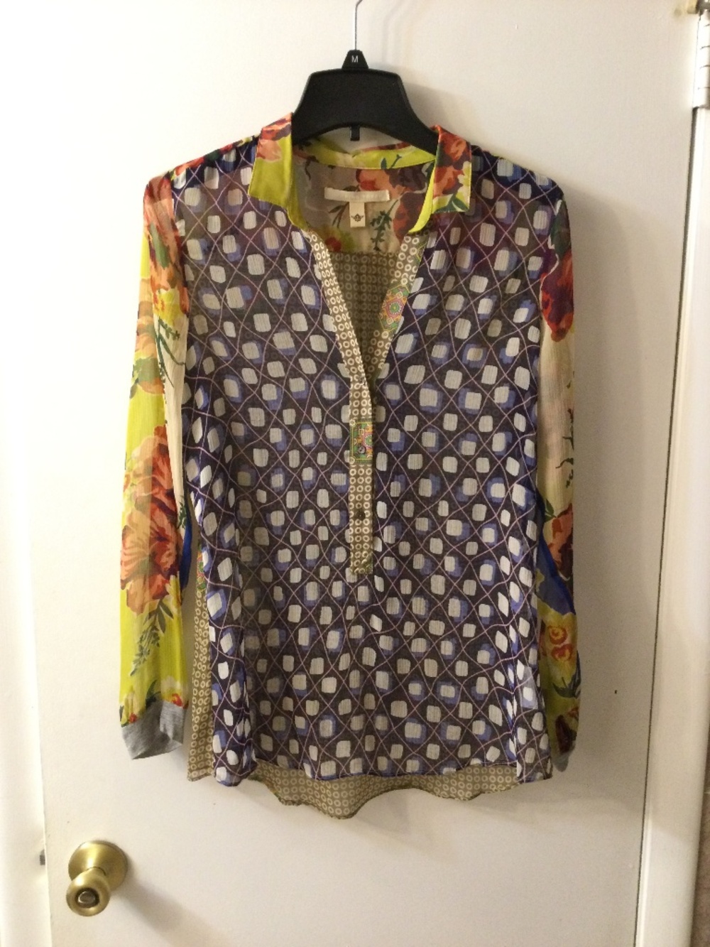 Burning Torch silk blouse / tunic Small v-neck mixed floral and geometric print